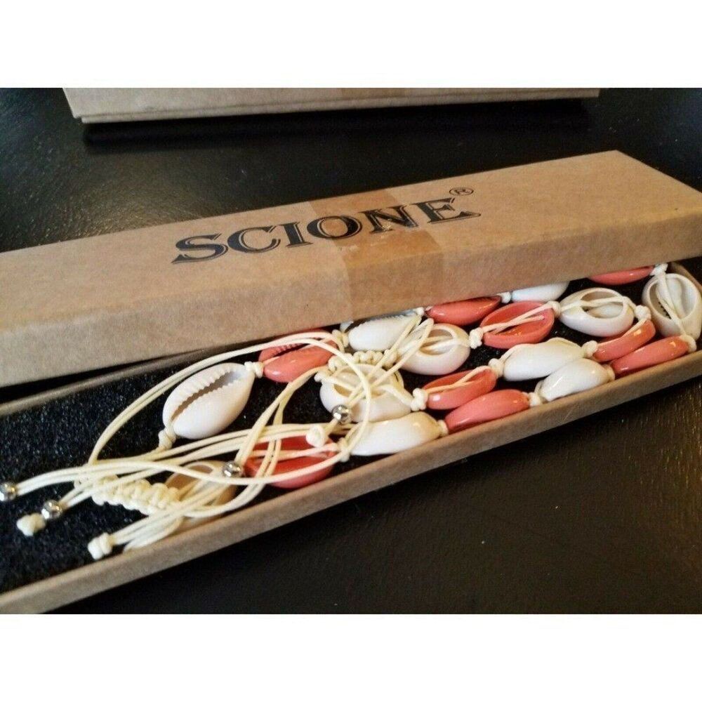 Necklace & Bracelet Set Scione Shells Slide Twine Creamy White & Coral Pink - Picture 2 of 7